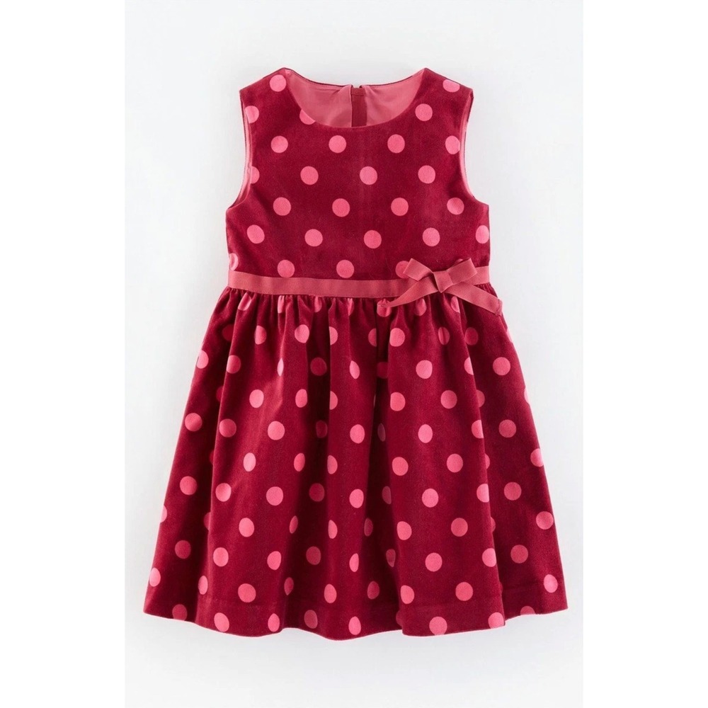 Mini Boden Girls Burgundy‎ Pink Polka Dot Velvet Dress Size 3-4Y Sleeveless Bow